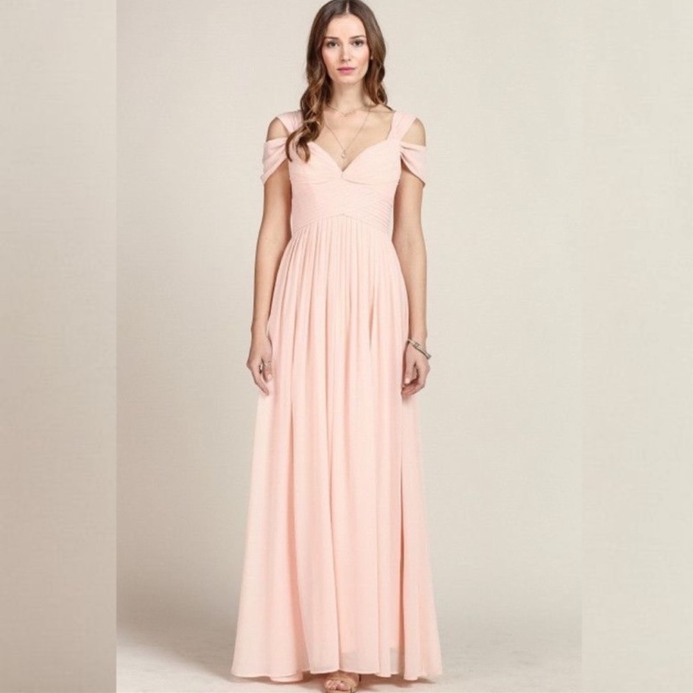 Lulus Blush Pink Bridesmaid Maxi Dress Off Shoulder Chiffon Gown Small